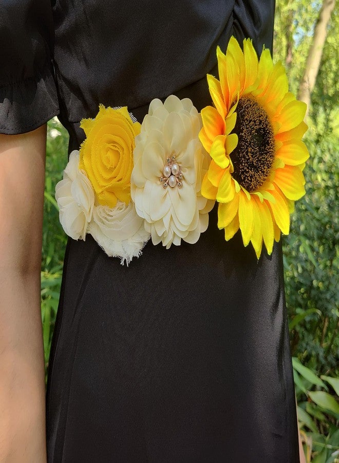 Oyabridal Sunflower Babyshower Sash for Gender Reveal Maternity Sash Belts Flower Pregnancy Belly Sash Belts Boy or Girl (Beige) - Image 2